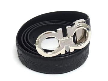 1円 ■極美品■ Salvatore Ferragamo フェラガモ ダブルガンチーニ レザー シルバー金具 ベルト 表記サイズ 110 メンズ ブラック系 FX8552