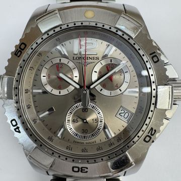 ★LONGINES ロンジン ハイドロコンクエスト クロノグラフ メンズ 腕時計 L3.650.4 クォーツ 動作未確認 シルバー文字盤 ベルト純正 OB1822