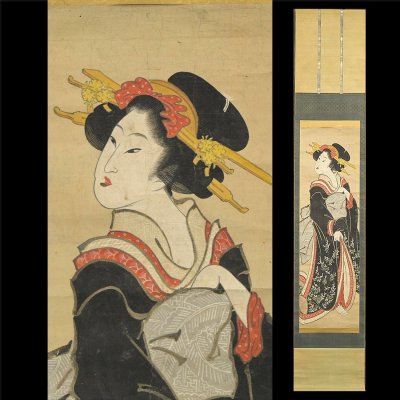 Ｓ2【兵庫県の図書館や博物館の館長を歴任された歴史研究家遺族委託品】掛軸　 美人画　浮世絵　江戸時代　名品日本画