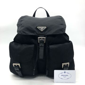 6388【最高峰】PRADA プラダ リュックサック バックパック 肩掛け 2way 三角ロゴ シルバー金具 巾着 ベルト テスートナイロン レザー 本革