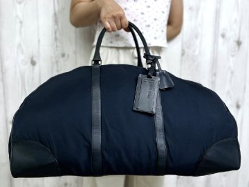 美品 PRADA プラダ テスート 鍵カデナ付 ボストンバッグ ハンドバッグ バッグ ナイロン&times;レザー 紺 A4可 メンズ 101160Y