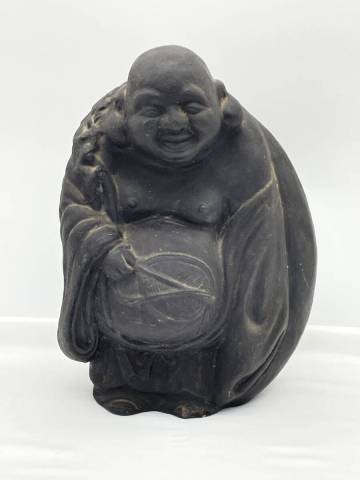 金属製布袋像 黒 高30cm 2.3kg［ 真鍮 胴 錫 ］伝統古美術 東洋 縁起物 重厚 置物 骨董 飾り 金属工芸像(D25936)