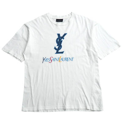 TK4638▽イタリア製 ヴィンテージ Yves Saint Laurent pour homme イヴサンローラン メンズ YSLロゴ Tシャツ カットソー ホワイト系