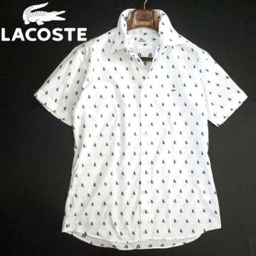 珍しい！▼ ラコステ　ヨット柄　総柄　半袖シャツ　LACOSTE　白　紺　ホワイト　ネイビー　5　XLサイズ　メンズ