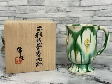 OU544 加藤卓男 三彩貼花文麦酒杯 KIRIN BEER MUG COLLECTION キリンビヤマグコレクション 共箱 骨董 国指定重要無形文化財認定 人間国宝 