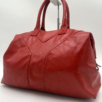 １円 ◆美品◆ Yves Saint Laurent イヴサンローラン イージー ボストンバッグ ハンドバッグ Yライン パテントレザー エナメル レッド 赤