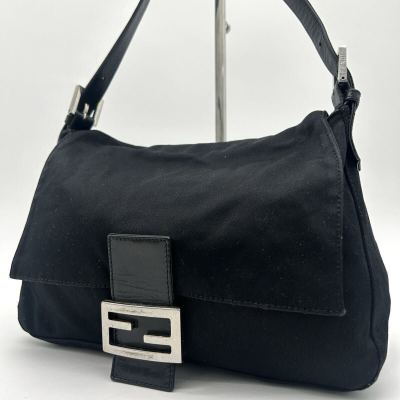 1円 ◆稀少◆ FENDI フェンディ マンマバケット ショルダーバッグ ハンドバッグ レザー ナイロン ジャージ FF SV金具 ブラック 黒 肩掛け 