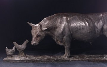 &nabla;花&nabla;動物彫塑の巨匠【池田勇八】作 ブロンズ彫刻牛像「放牧地」 作者在銘 全長63.5cmの大作