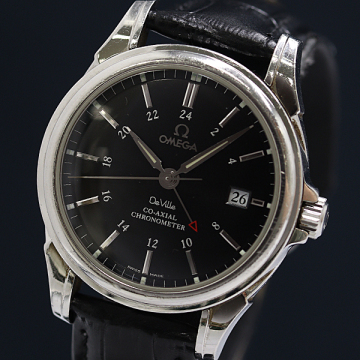 1円 稼働 良品 オメガ デビル コーアクシャル GMT 4833.51 AT/自動巻 デイト ブラック文字盤 メンズ腕時計 0093610 7JWT IGW