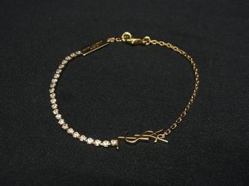 1円 ■極美品■ SAINT LAURENT サンローラン カサンドラ ラインストーン ブレスレット アクセサリー レディース ゴールド系 FZ4325