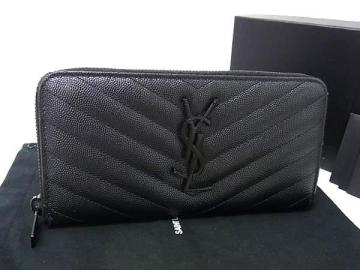 1円 ■美品■ YVESSAINTLAURENT イヴサンローラン カサンドラ Vステッチ レザー ラウンドファスナー 長財布 ウォレット ブラック系 HC2444