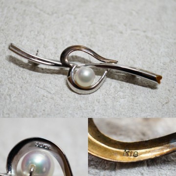 55 K18 SILVER アコヤ真珠 本真珠 パール ブローチ ヴィンテージ アクセサリー 18金 シルバー 刻印 冠婚葬祭 あこや 装飾品