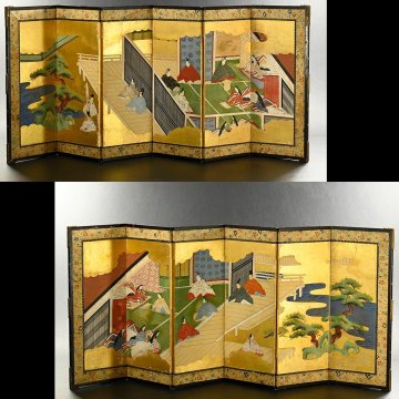 YC517【兵庫県の図書館や博物館の館長を歴任された歴史研究家遺族委託品】江戸時代　宮中図屏風姫屏風小屏風　掛軸　名品日本画