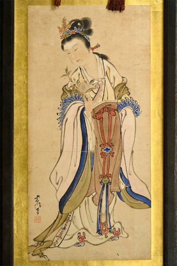 YC532【兵庫県の図書館や博物館の館長を歴任された歴史研究家遺族委託品】美人画　狩野常信　額装掛軸　名品日本画