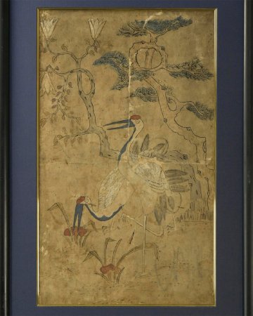 YC713【兵庫県の図書館や博物館の館長を歴任された歴史研究家遺族委託品】額装 古画 李朝民画　鶴　韓国絵画　優品掛軸