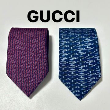 GUCCI ネクタイ 2本セット 総柄 シルク100% ビジネス フォーマル イタリア製 ブルー ネイビー レッド まとめ 山