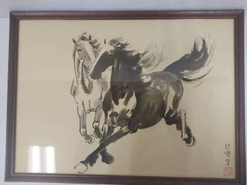 MS12353J 1スタ 徐悲鴻 墨絵 中国水墨画 中国画 馬 二頭馬 書画 動物画 美術品 骨董品 アンティーク コレクション 真作 現状品