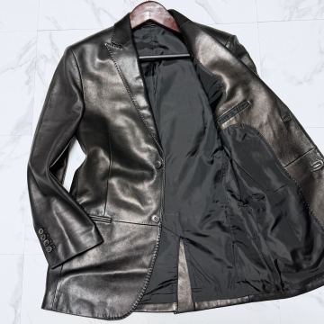美麗品◎Lサイズ位!!エルメネジルドゼニア【超トロトロな肌触り!!】Ermenegildo Zegna レザー テーラード ジャケット 本革 ブラック メンズ