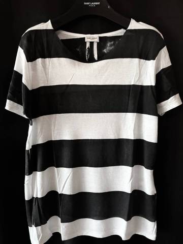 1円スタート！新品同様 エディスリマン期SAINTLAURENT PARIS 手刷りハンドプリントボーダーカットソー ブラックホワイト イタリア製