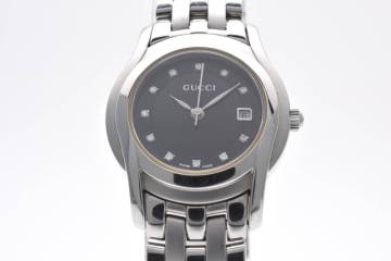 1円～ 稼働 純正ケース付 グッチ GUCCI 5500L 11Pダイヤ レディース 腕時計 ブラック文字盤 クォーツ QZ デイト