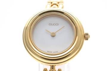 1円～ 稼働 グッチ GUCCI チェンジベゼル 11/12.2 ゴールドベゼル レディース 腕時計 ホワイト文字盤 クォーツ QZ 