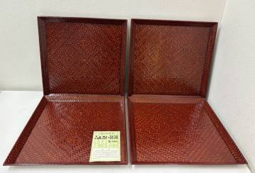 ☆MINA1■【4枚セット】らんたい漆器 福岡県特産 竹 お盆 丸盆 トレー 岩田屋 編み上げ ギフト 贈り物 記念品 約33cm 昭和