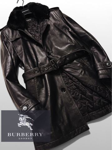 美品LL.XL●羊革ラムレザー100%!!!BURBERRY BLACK LABEL 極上ラビットファー　レザートレンチコート　バーバリー　コート　メンズ j38-267 