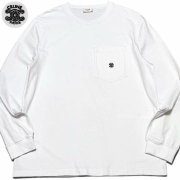 極美品/Lサイズ●CELINE セリーヌ 現行モデル トリオンフ刺繍ロゴ ロングスリーブ Tシャツ 長袖 クルーネック コットン ポケット付き 白