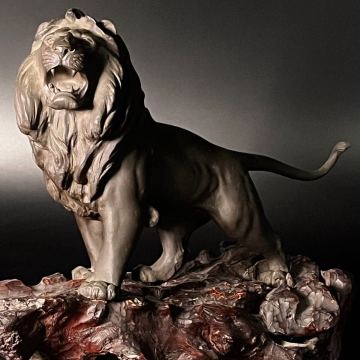壷々● 時代金工師 清芳作 銅製 ライオン置物 55cm 13.2kg 木製台付 唐物 骨董 [H218]きれ