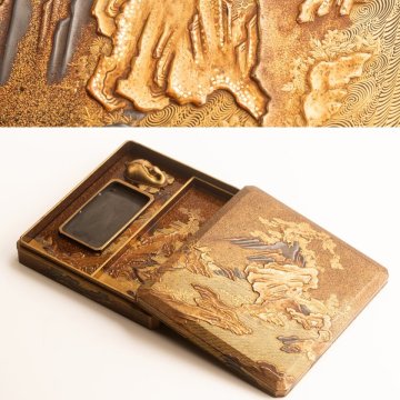 【流】美術漆器 総梨地 本金山水図高蒔絵硯箱 HF065