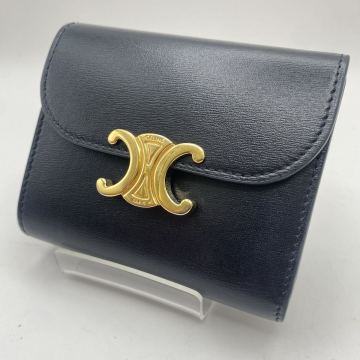 A CELINE セリーヌ トリオンフ 三つ折り財布 コンパクトウォレット U.A1.1234 / U.5D.1254 ブラック ゴールド金具 レザー かわせみ