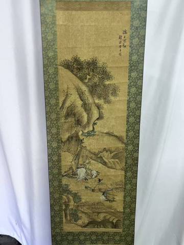 A5091★蔵出し・ 高麗古画★ 朝鮮古書画 李朝末期 安中植（心田）筆 孺子可教図 紙本淡彩人物山水 古表装軸物 肉筆逸品★137&times;36cm