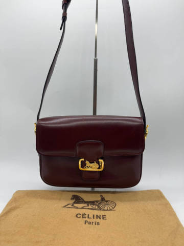 【良品】 CELINE セリーヌ 馬車金具 レザー ショルダーバッグ ボルドーカラー P3606