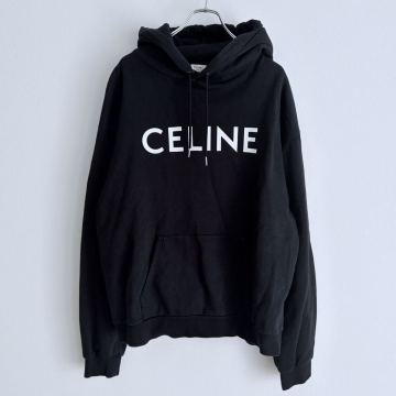 【未使用に近い/XXL】CELINE セリーヌ パーカー ルーズフーディ センターロゴ メンズ 黒 ブラック エディスリマン プルオーバー 希少サイズ