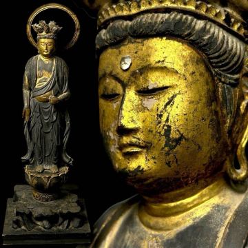 【翔苑】時代 仏教美術 細密木彫 鍍金 十一面観音菩薩立像 木造 高約62cm 重約1.3kg 光背 蓮台 仏像 仏教 釈迦如来 07.80.204