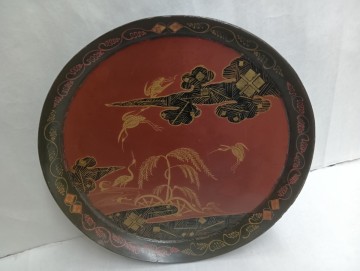 浄法寺盆　漆盆　彩絵　民芸　胡桃足　二枚一緒　鶴