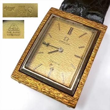 S-22◆1円〜◆OMEGA Geneve 金無垢ケース メンズ腕時計 18K 750刻印 手巻き 機械式 オメガ ジュネーブ ゴールド文字盤 地金 アンティーク