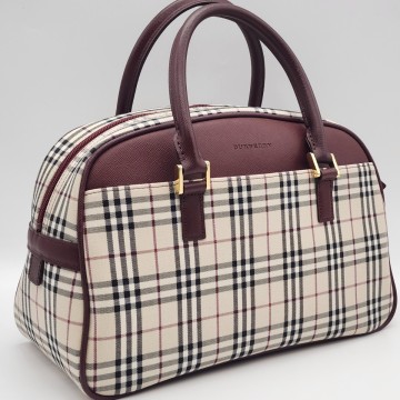 1円 未使用 BURBERRY バーバリー ノバチェック ハンドバッグ ミニボストン ボストンバッグ ベージュ ボルドー ベージュキャンバス レザー