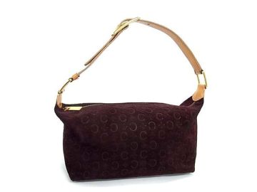 1円 CELINE セリーヌ Cマカダム スエード ワンハンドル ハンドバッグ ショルダー 肩掛け ミニバッグ レディース ワインレッド系 HE1718