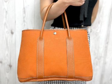 極美品 HERMES エルメス ガーデンパーティ 36 PM トートバッグ ハンドバッグ バッグ トワルオフィシエ&times;レザー オレンジ A4可 104320