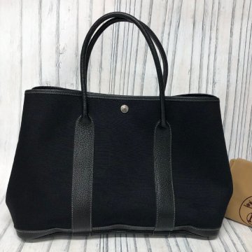 m001 F HERMES エルメス ガーデンパーティPM T刻印 キャンバス レザー トートバッグ ハンドバッグ ブラック 黒 レディース 保存袋付き