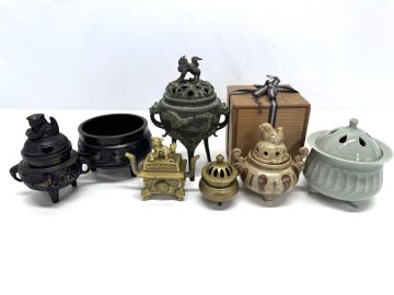 【Y632】香炉 まとめて7点 陶器/金属工芸/獅子/銅/三つ足/青磁/狛犬/銘あり/香道具/茶道具　
