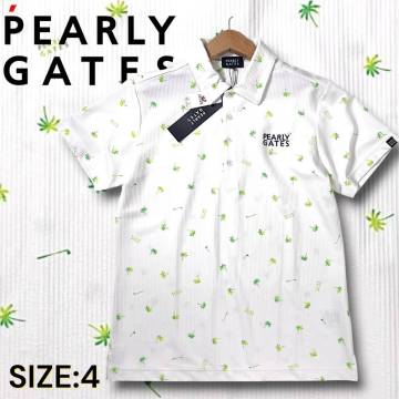 新品 PEARLY GATES パーリーゲイツ 定2.6万 日本製 吸水速乾 ストレッチ カノコ ヤシ柄 サッカーストライプ 半袖 ポロシャツ 4 M 白 P4579