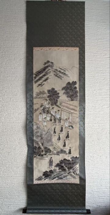 【刺繍】人物図 時代物 絖本 李朝 朝鮮韓国 掛軸 額 無落款