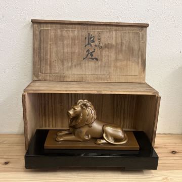 【真作】名工 根箭忠緑（忠録）作 青銅 ライオン置物 共箱付 / 彫金 帝展作家【作者の孫より出品】