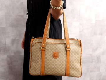●超美品●CELINE セリーヌ●マカダム●PVC カーフ レザー 本革●ハンド バッグ●ブラウン系●ゴールド金具●ヴィンテージ●B5●Js70411