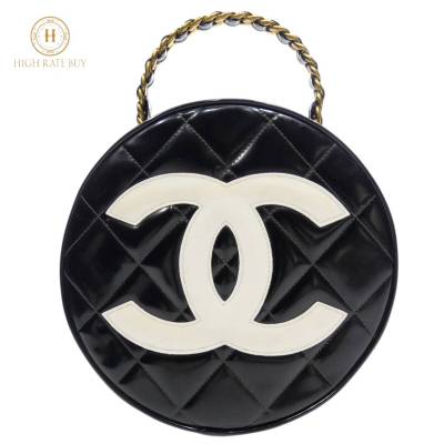 1円スタート CHANEL シャネル ラウンド チェーンバニティバッグ ココマーク ゴールド金具 ハンドバッグ パテントレザー エナメル ブラック