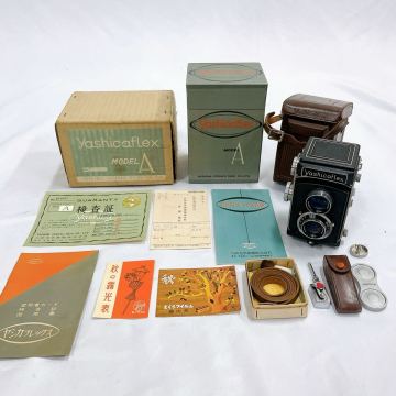 08009 ヤシカ Yashicaflex MODEL A A型 Yashimar 80mm F3.5 二眼レフ フィルムカメラ 元箱 ケース 取説 検査証等 付属品多数 動作未確認