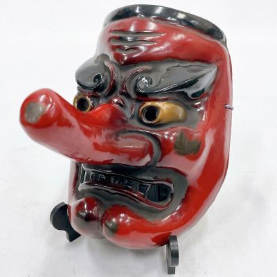 08009 天狗面 木彫面 能面 神楽面 狂言面 作天冠 銘入 漆塗 朱塗 飾り面 壁掛け 天狗 伝統工芸 骨董 古美術 時代物 インテリア