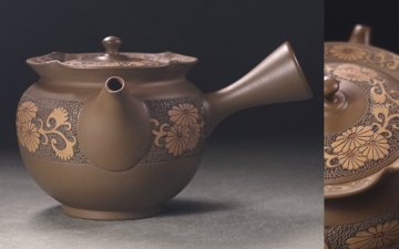 &nabla;花&nabla;常滑名工【二代間野舜園】作 常滑焼菊花彫茶注 常滑緑泥急須 共箱付 煎茶道具